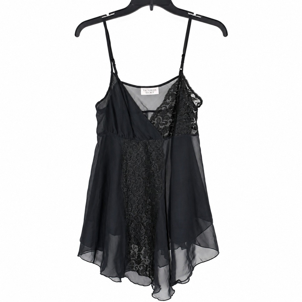 Victoria Secret Gold Label Vintage Black Lace Babydoll Chemise Underwear Set M